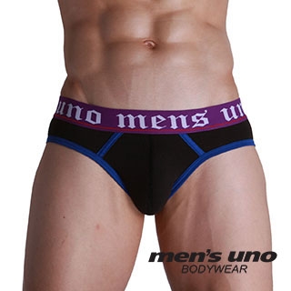 【men′s uno BODYWEAR】新科技抗菌親膚BODYTECH紫色羅馬字包藍邊三角褲-黑