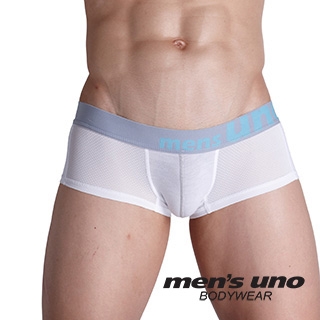 【men′s uno BODYWEAR】全方位新科技抗菌親膚BODYTECH時尚網布拼接白色四角褲-(藍字)