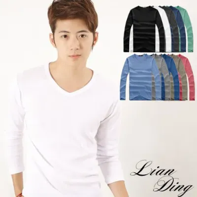 窄版素面V領長T-10色3碼 73531